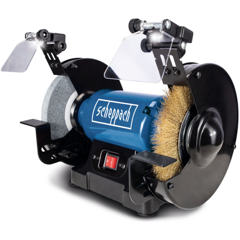 Scheppach - Touret Mixte SM200LB - Puissance 500W - Pierre à aiguiser 200x20mm Grain 36 - Brosse métallique largeur 16mm - Avec éclairage led