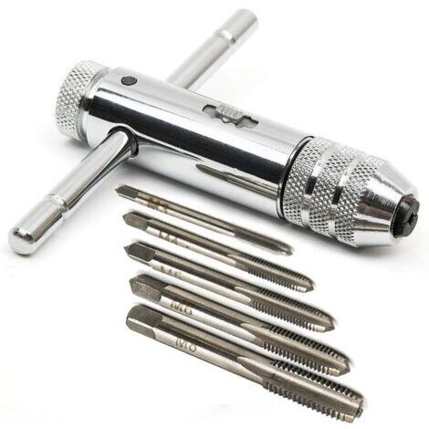 Tourne-à-gauche à Cliquet en T,Réglable Clé à Taraud en Forme de T HSS Support de Robinet à Cliquet T Bar Manipuler Clé avec 5 Tailles Tarauds à Main M3-M8 3mm-8mm