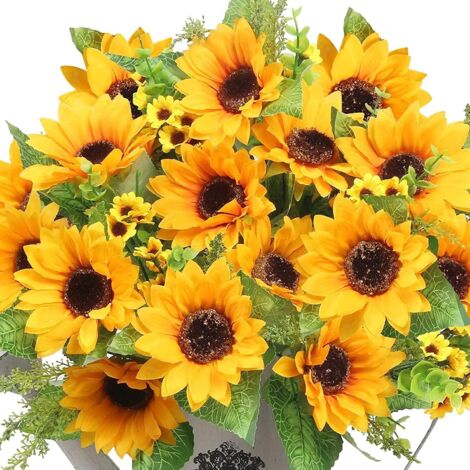 Tournesol Artificiel - Bouquet de Fleurs Faux pour Décoration Intérieure et Extérieure - 2 Bouquets (14 Grandes + 60 Petites Fleurs + 72 Feuilles) - 45 cm de Longueur Totale - 10 cm de Diamètre