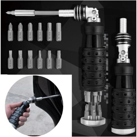 Tournevis 12 en 1, Tournevis à Cliquet Multi-usage Portable, avec Tête Rotative à 180° et Rallonges, pour L'extérieur et les Outils de Réparation Quotidiens