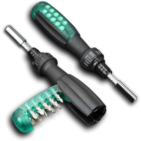 Tournevis à cliquet avec embout magnétique, 10 en 1, petite poche, vert, 1 pièce
