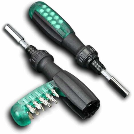 Tournevis à cliquet avec embout magnétique, 10 en 1, petite poche, vert, 1 pièce