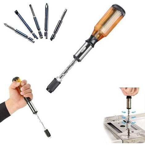 Tournevis à Cliquet Push-Pull, Tournevis à Cliquet en Spirale à Réglage Semi-Automatique avec 5 Têtes Remplaçables, Barre en Spirale, Pratique pour Le Stockage des Embouts (Jaune1)