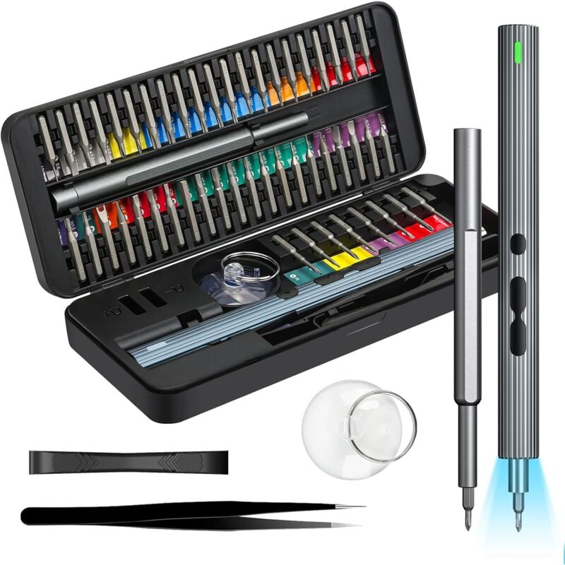 Longziming - 58 en 1 Set de Tournevis électrique, Kit de Tournevis Sans Fil Rechargeable, kit D'outils de Réparation de Précision avec 50 Bits, Pour
