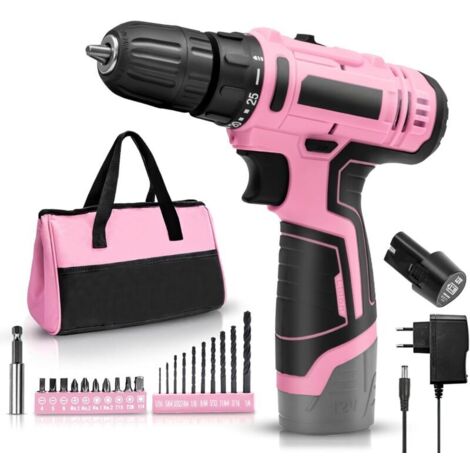 Tournevis électrique 12V rose – Tournevis sans fil avec coffret d'outils – Coffret d'outils complet, 1400 tr/min, 21 forets, pour le bricolage et l'entretien de la maison (1 batteries)