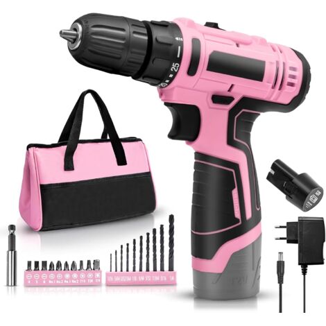 Tournevis électrique 12V rose – Tournevis sans fil avec coffret d'outils – Coffret d'outils complet, 1400 tr/min, 21 forets, pour le bricolage et l'entretien de la maison (1 batteries)