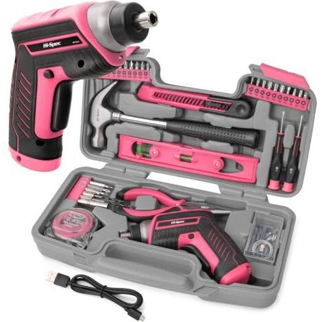 Tournevis Electrique 4V Rose - Perceuse Visseuse Sans Fil Multifonction avec Kit Complet d'Outils et Accessoires - Mallette de Rangement avec Marteau, Pince, Foret, Tournevis et Embouts