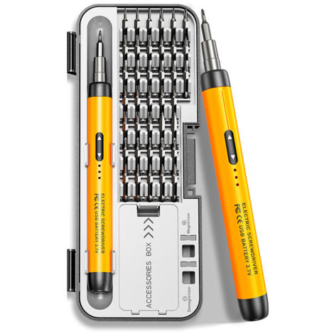 Tournevis Electrique Rechargeable USB 46 en 1 avec 38 Embouts CR-V et Capot Rotatif 360° pour Réparation Electronique et Bricolage Orange