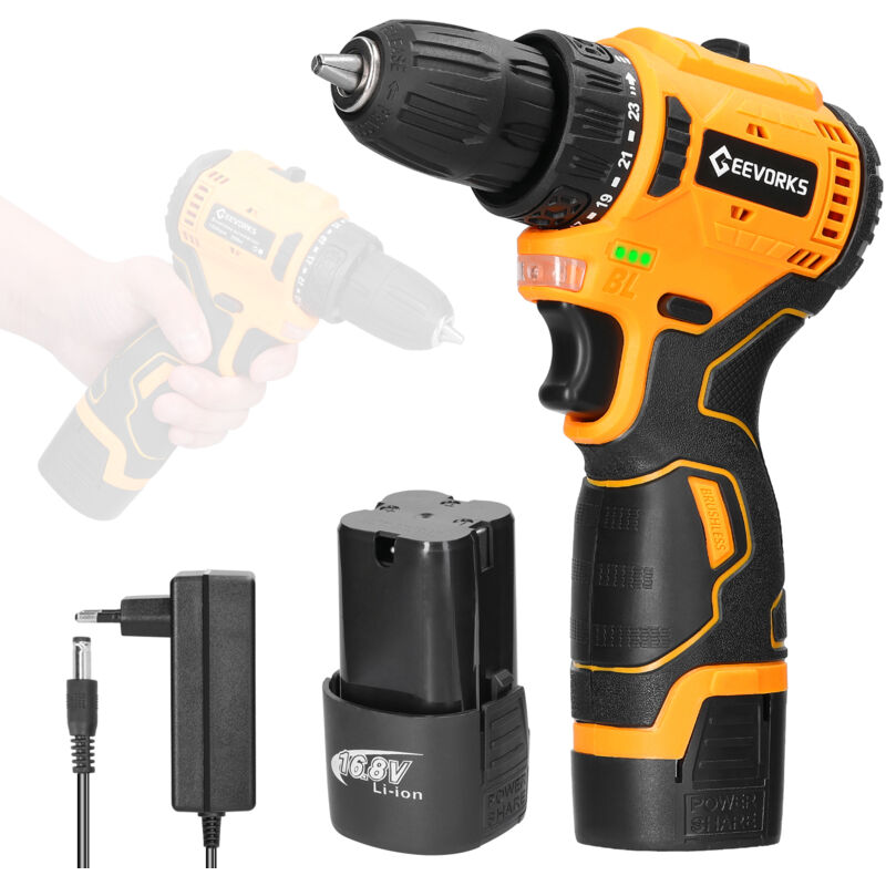Tournevis électrique sans balais 16,8 v, perceuse électrique sans fil au lithium, 23 niveaux de couple réglable, 2 niveaux de réglage de la vitesse,