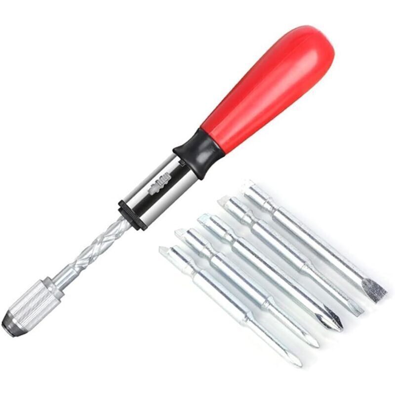 Tournevis en Spirale, Tournevis à cliquet Push Pull, Jeu de Tournevis à cliquet Push Pull 6 en 1 Type de Presse Semi-Automatique (Rouge)