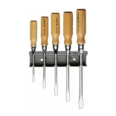 Facom – Coffret de tournevis 5-pcs – Poignée en bois – Lames forgées pour vis à tête fendue – Sortie hexagonale pour clé