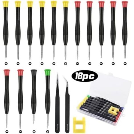Tournevis Précision, 18 PCS Mini Jue de pour Réparation Lunettes, Montre Bijoutiers PS4, Pince à Épilier 2 Pièces, Magnétiseur et Boîte en PP Pièces -