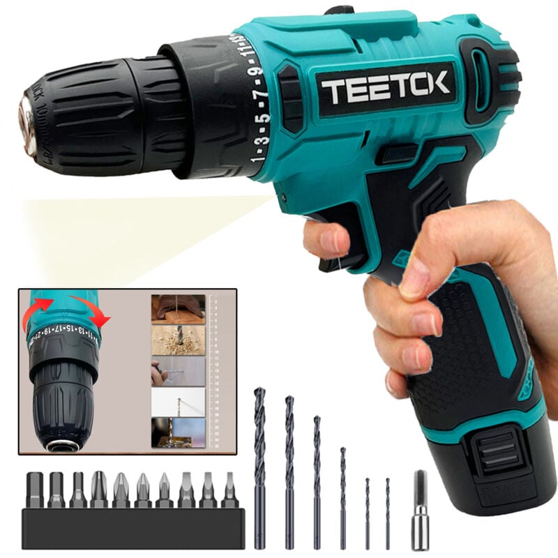 Tournevis sans fil, perceuse sans fil 12V, tournevis électrique, perceuse combinée, kit de perceuses, batterie 1,5A, 40 N.m, mandrin 3/8', lumière