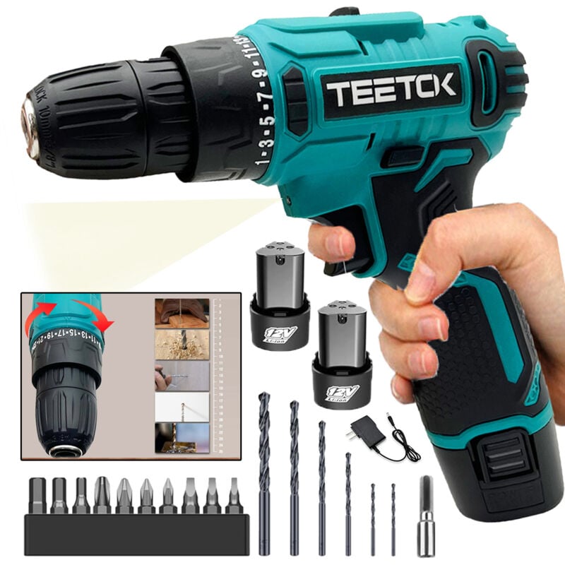 Tournevis sans fil, perceuse sans fil 12V, tournevis électrique, perceuse combinée, kit de perceuses,2 batterie 1,5A, 40 N.m, mandrin 3/8', lumière