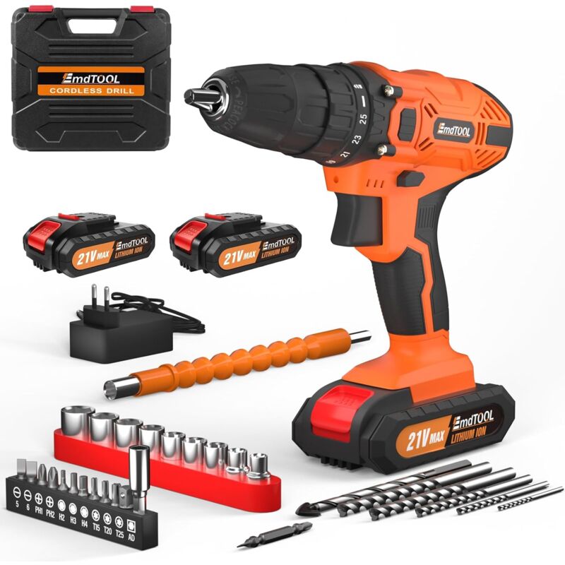 Tournevis Sans Fil Perceuse sans fil Perceuse sans fil perceuse à percussion sans fil avec 2 batteries, couple 45nm 25 + 1 niveaux de couple perceuse