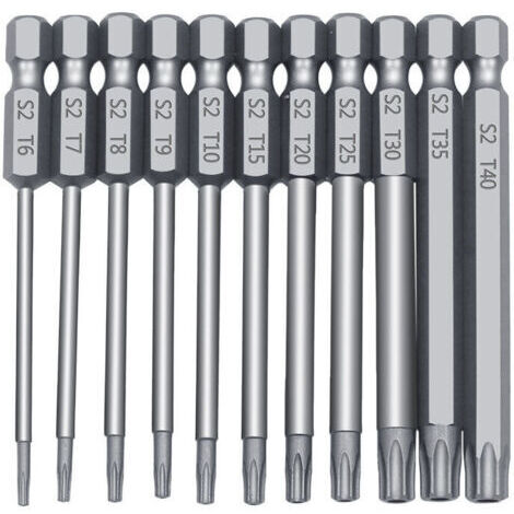Tournevis Torx avec manche hexagonal et trou moyen, coffret de tournevis Six-Star S2 : 1 à 11 tournevis Torx de 100 mm avec manche hexagonal et trou moyen.