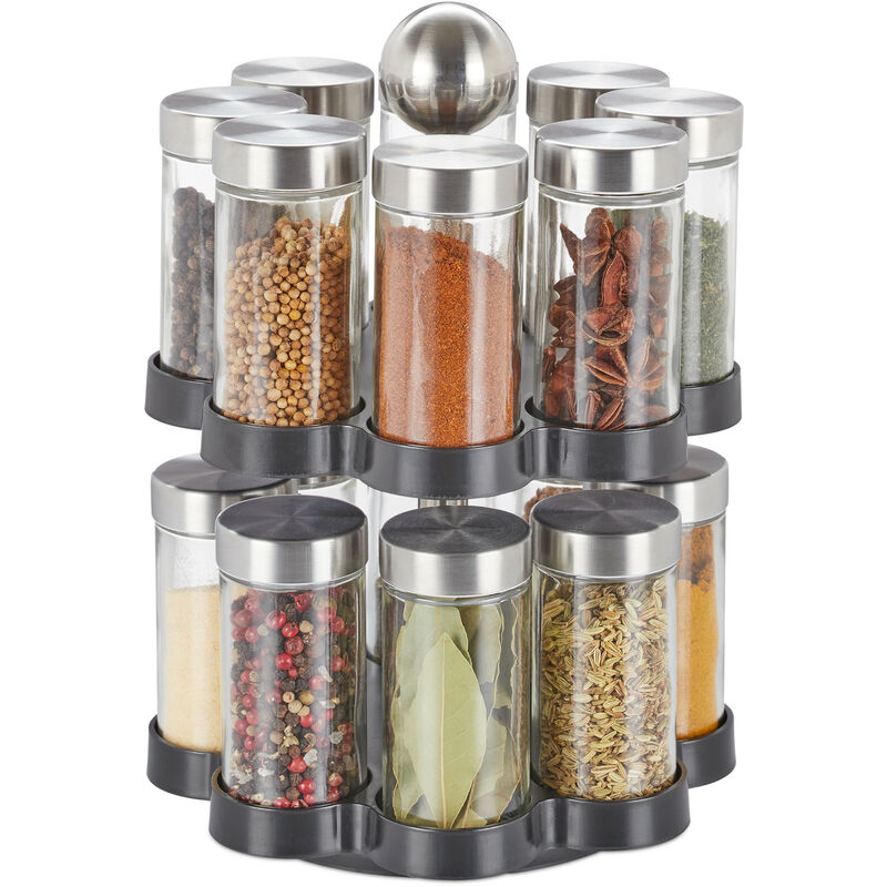 Relaxdays - Tourniquet à épices, 16 pots, étagère rotative à 360°, inox, verre, HxD 25 x 17,5 cm, carrousel, argent/noir