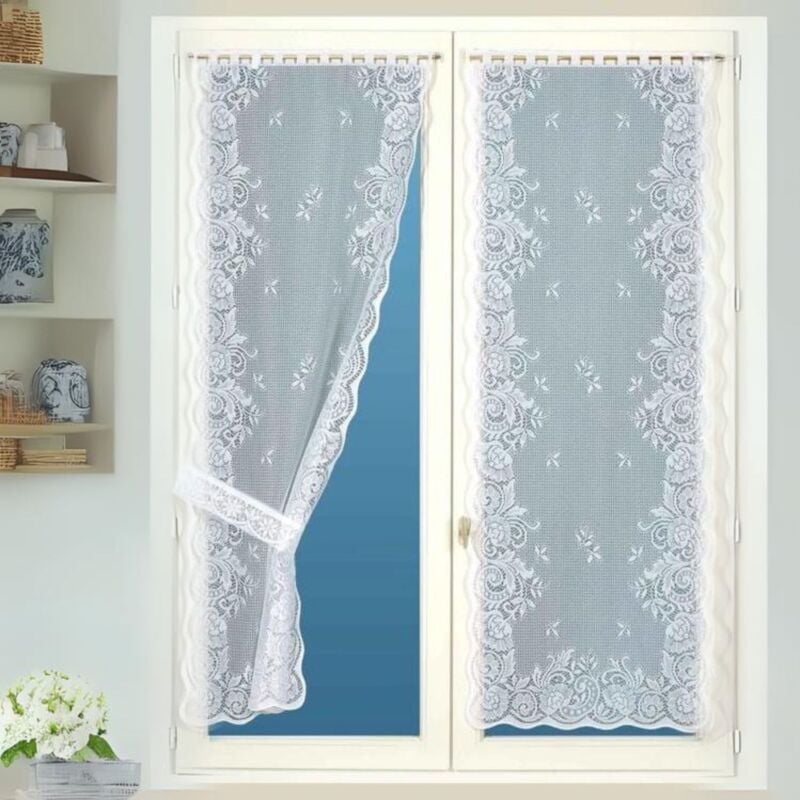 Paire de Rideaux 'Bonne Femme - Effet Dentelé' avec Embrasses Blanc 60x160 cm