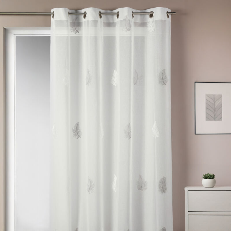 Voilage en étamine brodée à motifs 'plume' Ivoire 140x240 cm