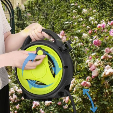 Tousset Garden: Enrollador de manguera portátil, verde, fabricado en ABS y PVC con boquilla, 12 m, para un almacenamiento económico y móvil.