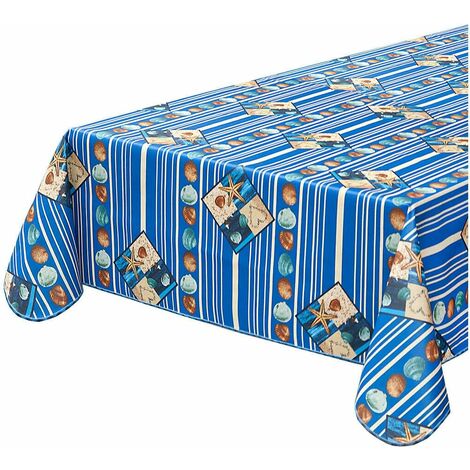 Tovaglia Antimacchia Cucina Conchiglie Mare Bordata Cotone Plastificato Proteggi Tavolo Copritavolo Blu - Tonda diametro 155 cm