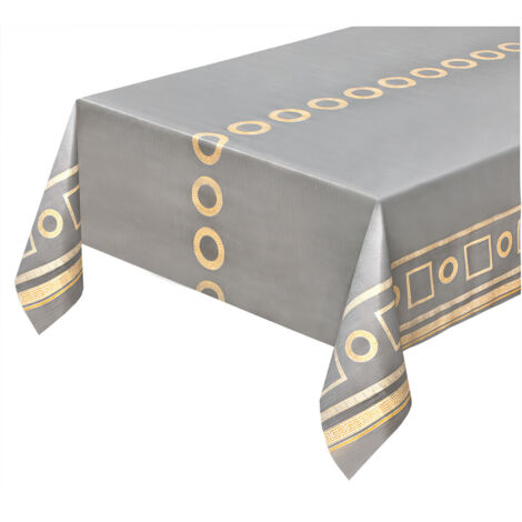 Tovaglia Cucina Antimacchia Metallizzata Tessuto Plastificato Copritavolo Chiave Greca Oro  - 140x200 Cm