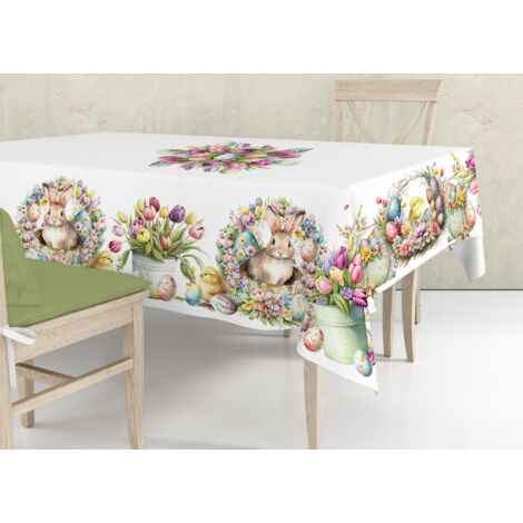 Tovaglia Cucina Copritavolo 100% Cotone Made In Italy Coniglio Bunny Fiori Ciccio, misura140x140coloreConiglio