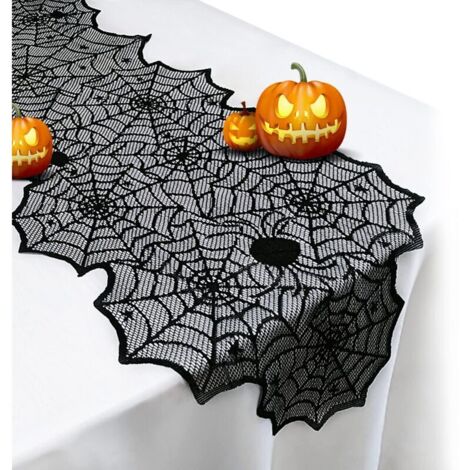 Tovaglia di Halloween - Tovaglia in pizzo nero con motivo a ragnatela per decorazioni di Halloween, tovaglia in poliestere con motivo a ragnatela per decorazioni da tavola in maschera per Halloween, 4
