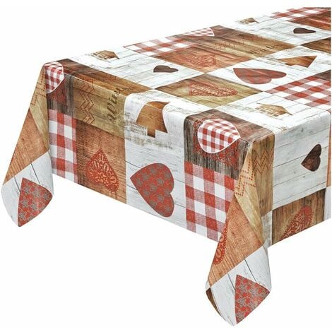 Tovaglia Natalizia Copritavolo Antimacchia Plastificata Retro Felpato Cuori e Abete Shabby  - 140x50 cm