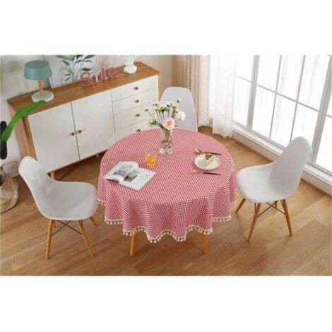 Tovaglia rotonda antimacchia, in cotone e lino, lavabile, facile da pulire, con design a pompon in stile nordico, ideale per cucina, picnic, feste e giardino (rossa, diametro 120 cm).