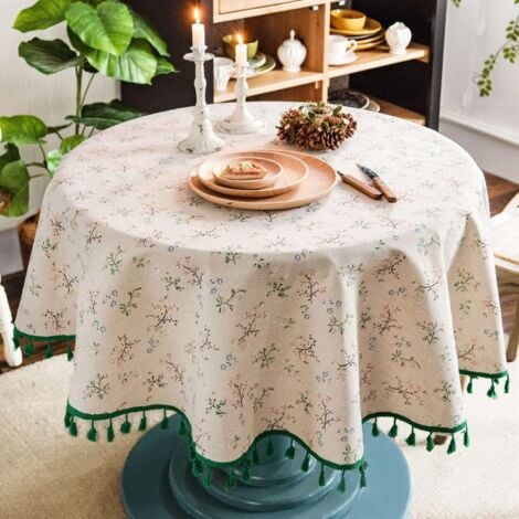 Tovaglia rotonda in cotone e lino stampa floreale nappa lavabile tovaglia rotonda tovaglia rotonda antimacchia decorazione tavolo da pranzo soggiorno tovaglia rotonda da picnic 150 cm (beige)