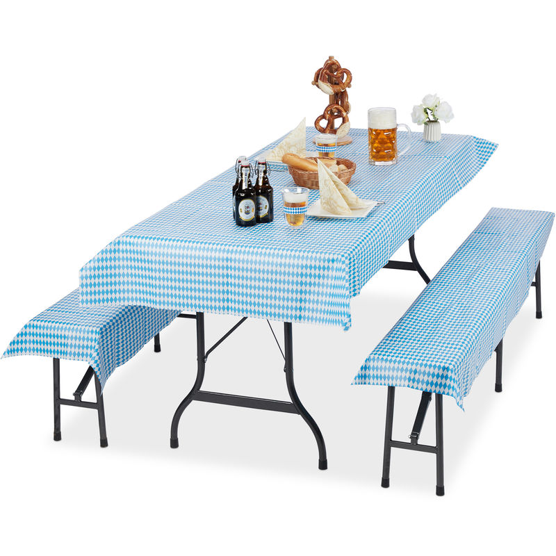 Tovaglie per Tavoli e Panche da Birreria Oktoberfest, in Set da 3, 250x100 cm, 2 Copri Panchine, Bianco-Blu