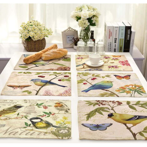 Tovagliette autunnali per tavolo da pranzo, set di 6 tovagliette per adulti, bambini e neonati, tovagliette in cotone e lino, lavabili, antiscivolo, per tavolo da cucina, uccelli