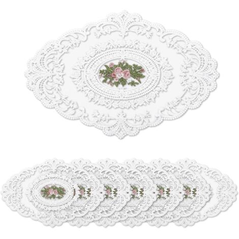 Tovagliette ovali lavabili e antiscivolo, set da 6 tovagliette resistenti al calore, tovaglia in pizzo con ricami floreali, bianca.