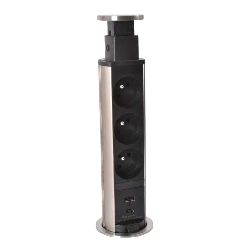 Bloc prise encastrable tower 60 - Version : 3 prises secteur + 1 USB A+C - Décor : Inox - Diamètre : 60 mm - LEGRAND