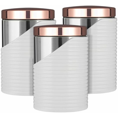 Tower Linear T826001RW Set of 3 Canisters with Air Tight Lid and Polished Stainless Steel, White and Rose Gold, 11.6 x 11.6 x 17 cm