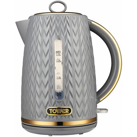 Tower T10052GRY Empire 1.7 Litre Kettle with Rapid Boil, Removable Filter, 3000W, Grey with Brass Accents