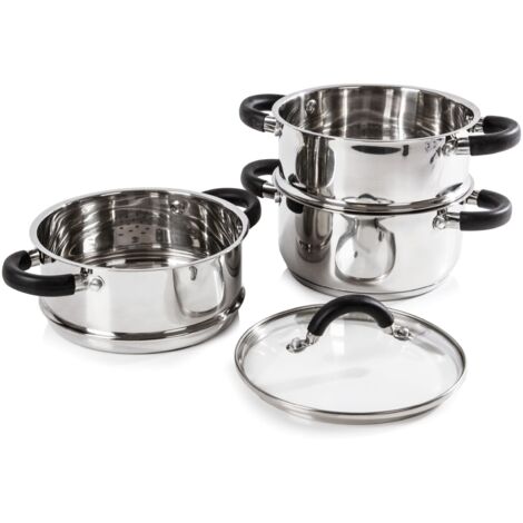 Tower T80836 Essentials Vaporiera Pentola Induzione per Cottura Vapore a 3 Ripiani con Coperchio in Vetro, in Acciaio Inox con Manici in Silicone, 18 cm, Argento