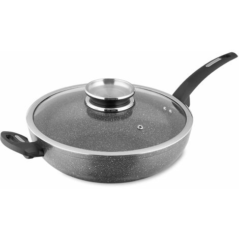 Tower T81279 Cerastone Induction Wok Pan With Glass Lid, Non Stick Ceramic Coating, Easy to Clean, Graphite, 30 cm