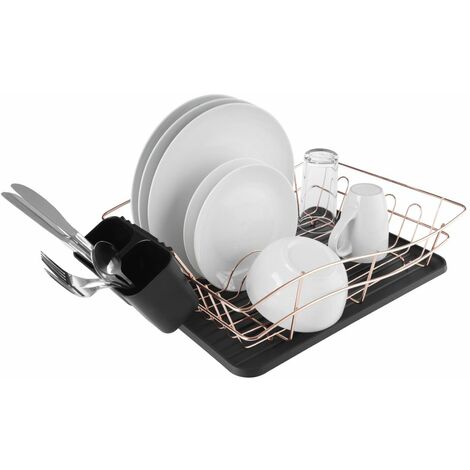 Tower T81400RB Dish Rack with Tray and 2 Removable Cutlery Holders, Stainless Steel, Black and Rose Gold, Large