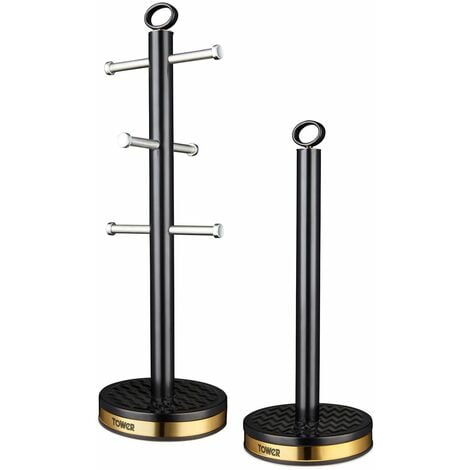 Tower T826092BLK Empire Mug Tree and Towel Pole Set, Stainless Steel, Anti-Slip, Black and Brass