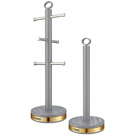 Tower T826092GRY Empire Mug Tree and Towel Pole Set, Stainless Steel, Anti-Slip, Grey and Brass
