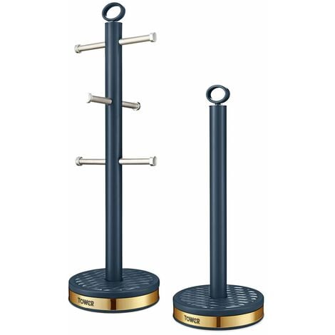 Tower T826092MNB Empire Mug Tree and Towel Pole Set, Stainless Steel, Anti-Slip, Midnight Blue and Brass