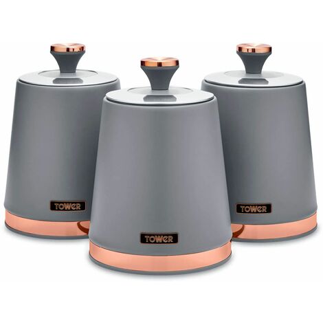 Tower T826131GRY Cavaletto Set of 3 Storage Canisters for Tea/Coffee/Sugar, Steel, Grey and Rose Gold