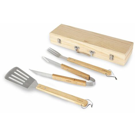 Tower T932005 4 Piece BBQ Tools Set with Storage Box, Wooden Handles, Stainless Steel