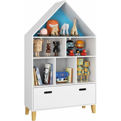 Toy Box Storage Triangle Kids Bookshelf Toy Storage Unit Childrens Bookcase White Toy Organiser with Drawers for Children's Room Playroom 80*30*132.5cm