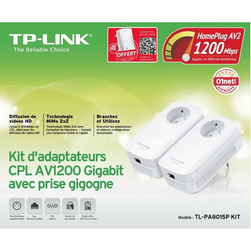 TL-PA8015P kit - Pack de 2 adaptateurs cpl 1300 Mbps 1 port Gigabit lan avec prise intégrée - Tp-link