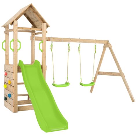 Tp Toys – Aire de jeux Gesette avec toit – plateforme 87 cm – mur d'escalade – 2 balançoires – toboggan 1,70 m – bois traité autoclave III