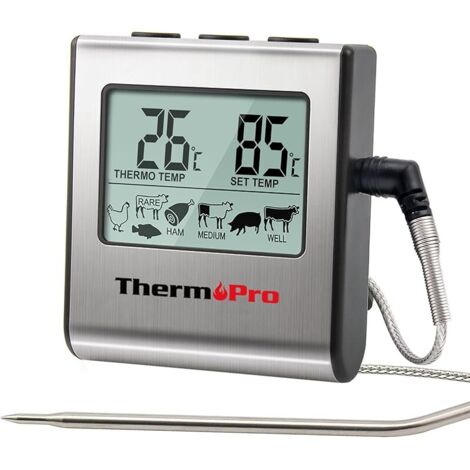 TP16 Thermometre Cuisine pour Viande Numérique avec Large Écran LCD pour Fumoir Four Cuisine Friandises Barbecue Grill avec Minuteur et Sonde de Températures en Acier Inoxydable