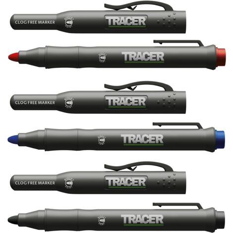 TRACER Kit di pennarelli da costruzione senza intasamenti con fondina TRACER (pennarelli multiuso perfetti per superfici lucide e polverose), nero, blu e rosso